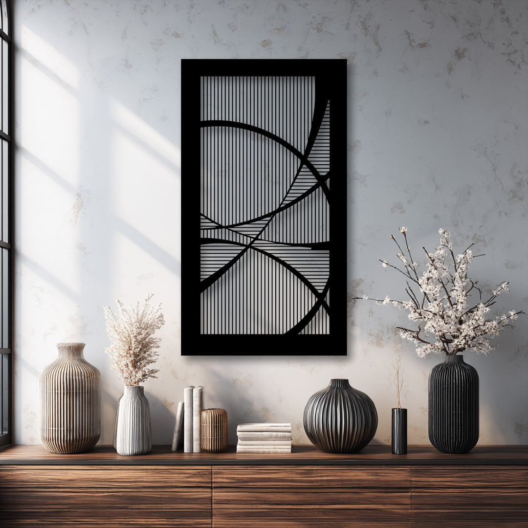 Abstract geometric line harmony in the modern metal art for wall features a striking black frame with vertical and horizontal lines and elegant curves.