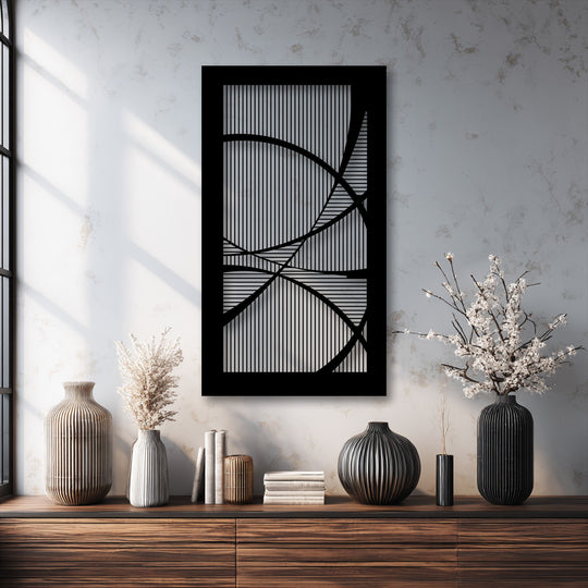 Abstract geometric line harmony in the modern metal art for wall features a striking black frame with vertical and horizontal lines and elegant curves.