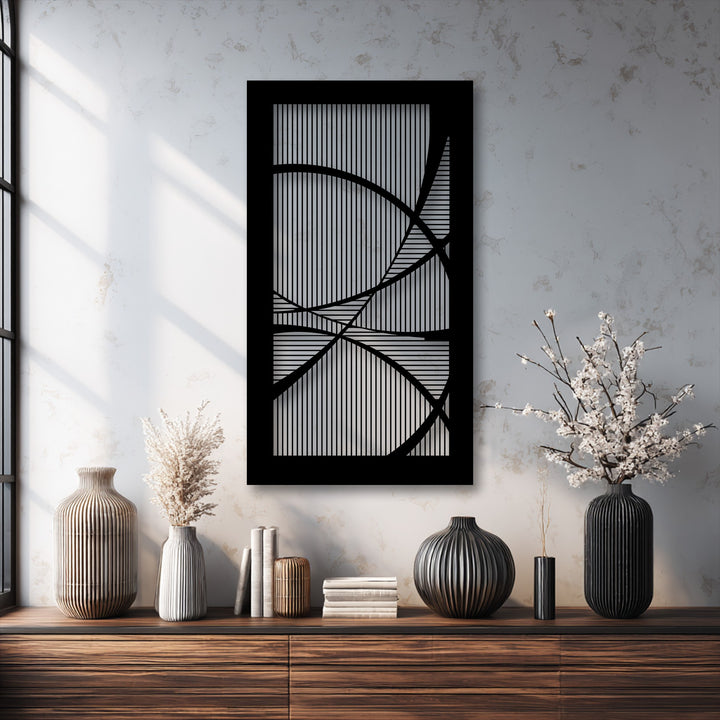 Abstract geometric line harmony in the modern metal art for wall features a striking black frame with vertical and horizontal lines and elegant curves.