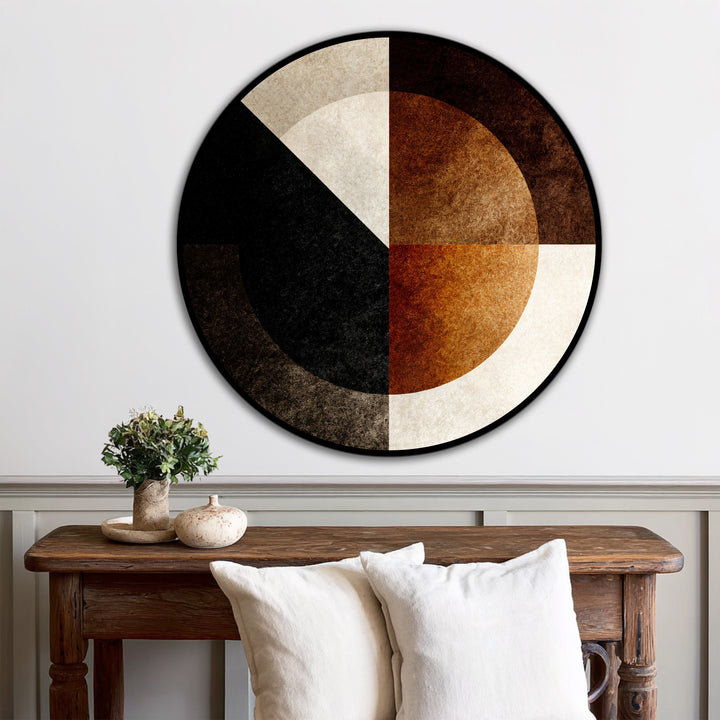 Modern oil painting art showcases a circular composition with geometric shapes, meticulously painted on a textured wood surface, exemplifying the refined material quality.