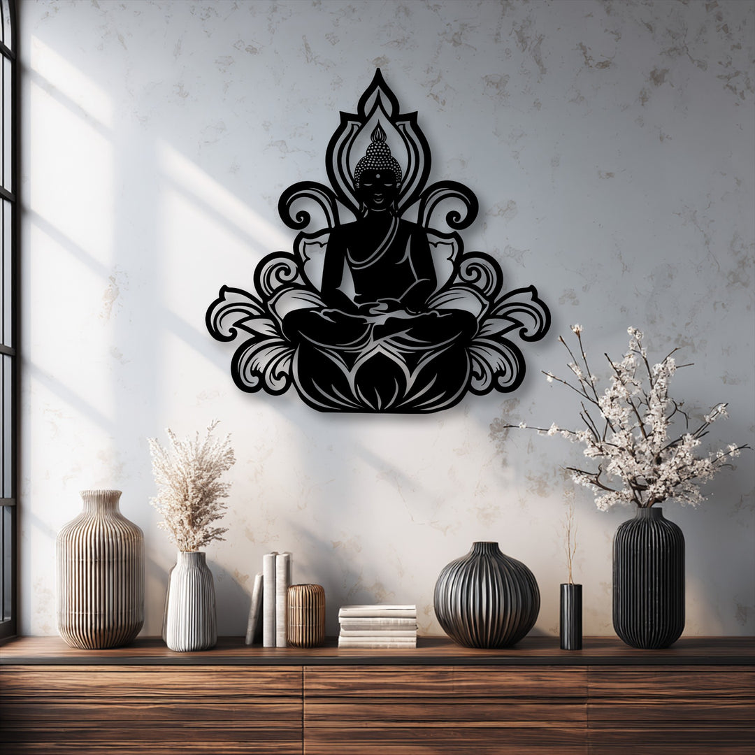 The realistic detail of the serene black Buddha metal artwork meditating on a lotus flower stands out beautifully against the textured wall.
