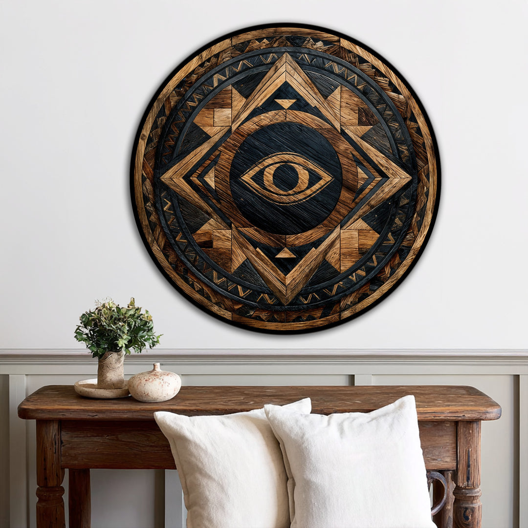 Occhio guardiano tribale – Rotondo geometrico rustico Quadro a Olio