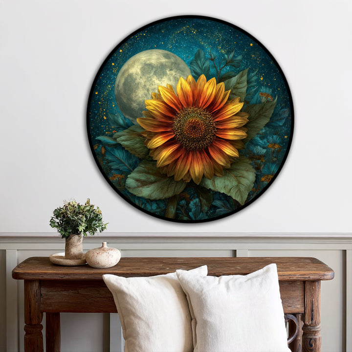 Textured surface of the dreamlike floral round oil painting artwork features a moonlit sunflower bloom with rich, layered textures enhancing the home decor.