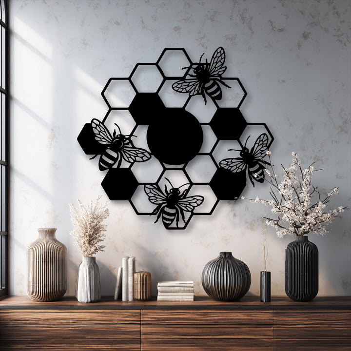 A tranquil and inviting mood emanates from the stunning honeycomb bees metal art for wall, anchoring a beautifully styled rustic space.