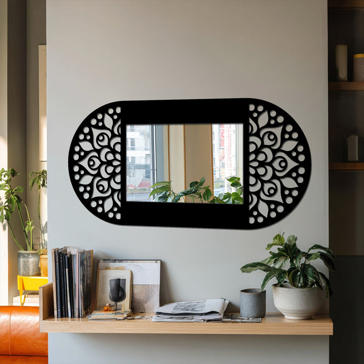 Framed by the decorative mirror, the bright, blurred background shows city buildings and leafy plants, adding depth alongside other decor elements when decorating with wall mirrors.