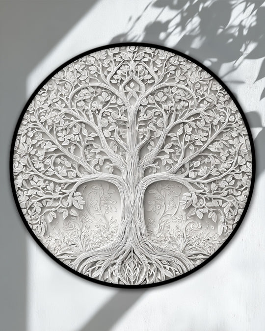 Depth and layers define this elegant tree of life relief round canvas print, showcasing the texture and dimension of the best canvas prints in a botanical art design.