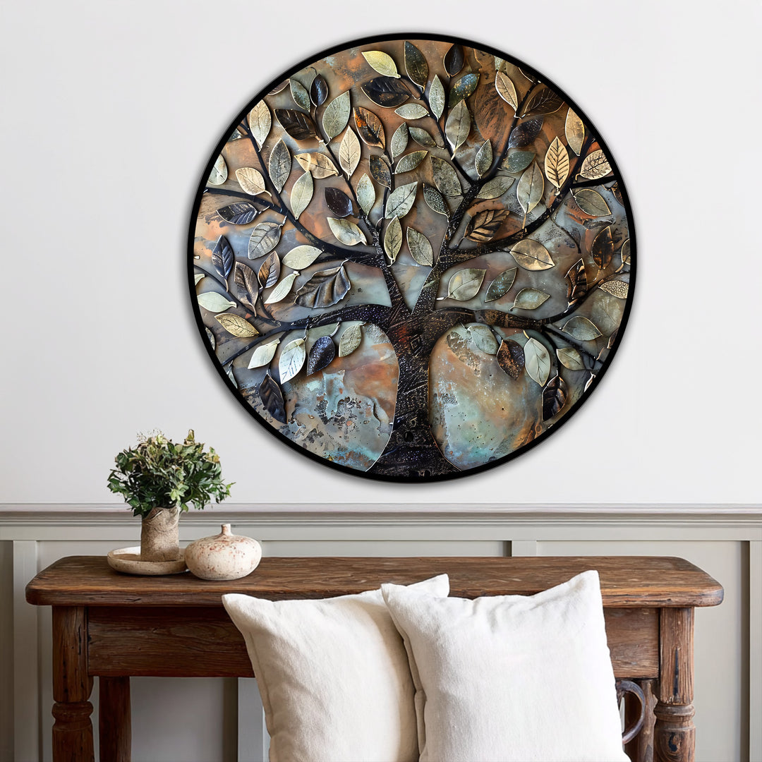 Encircling the rustic oil painting home decor, the black edge defines the round, textured metal leaf tree art piece, enhancing its decorative border on the wall.