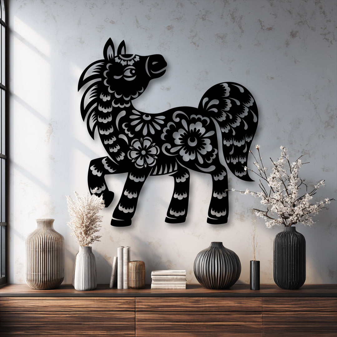 Focusing on the transition between colors, a dark floral pony metal wall decor silhouette starkly contrasts with the light, textured wall.