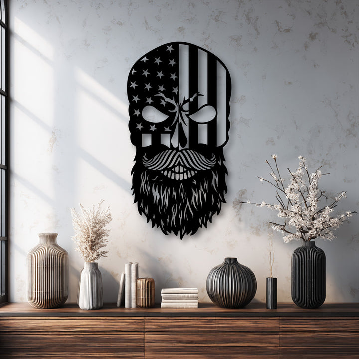 The sharp transition between black and white defines the intricate patterns of the Patriot Skull bearded American Flag decoration wall art.