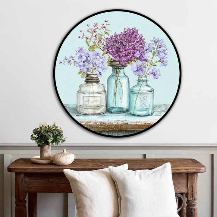 Negative space highlights the round pastel wildflower jars oil painting, enhancing its farmhouse home decor style with light and airy visual balance.