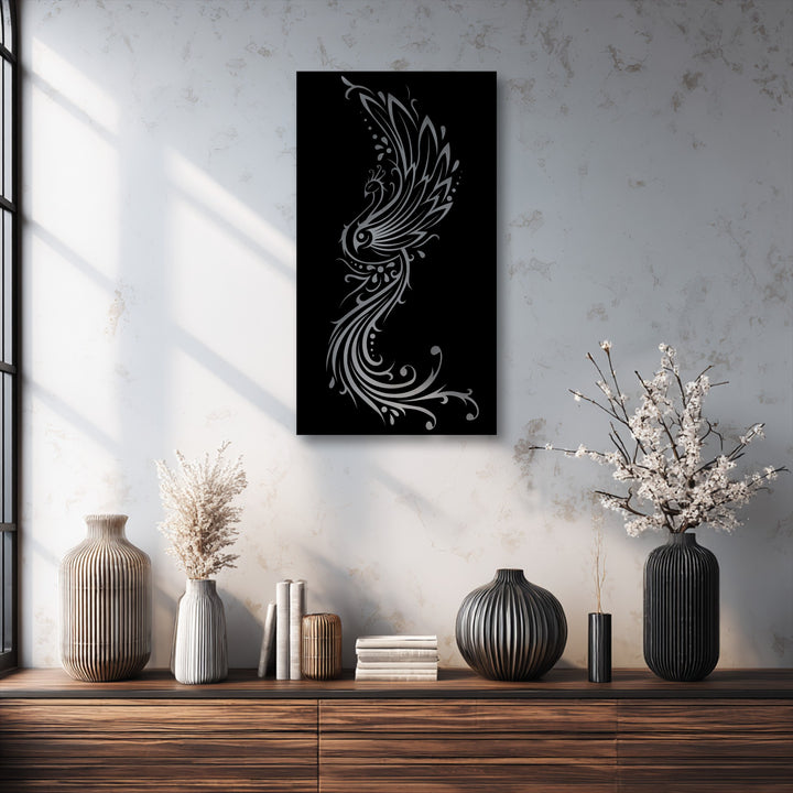 Geometric elegance shines through the stylized phoenix metal artwork's flowing curves and intricate patterns, complemented by vertically ribbed vases.