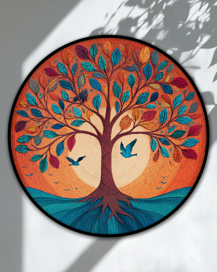 Depth and layers define this round canvas wall decor featuring a vibrant tree of life with colorful leaves, birds, and an intricate design creating a rich, symbolic artwork.