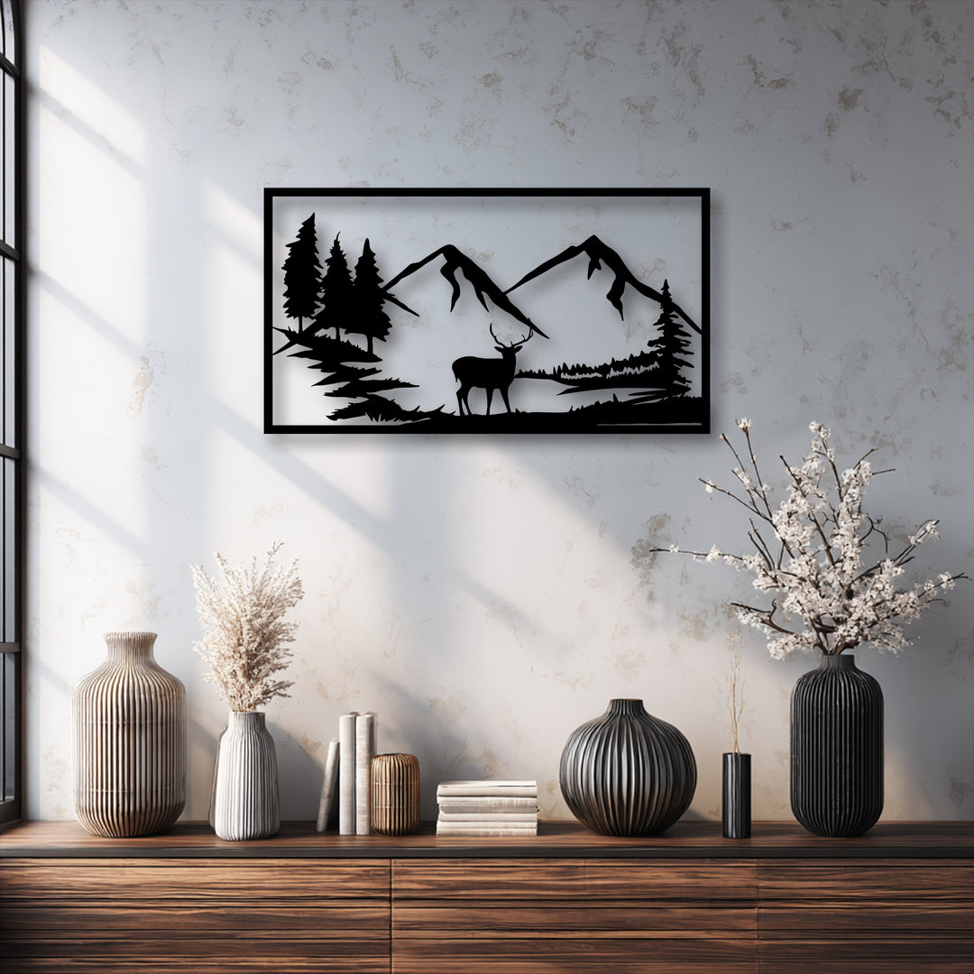 A richly textured wooden console holds decorative vases and books, enhancing the unique metal wall art of a majestic mountain deer silhouette.