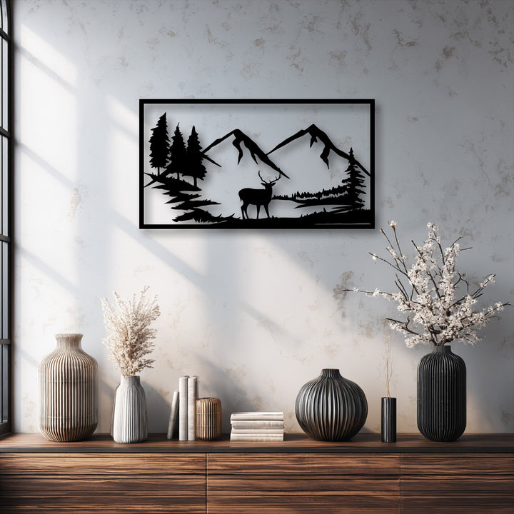 A richly textured wooden console holds decorative vases and books, enhancing the unique metal wall art of a majestic mountain deer silhouette.