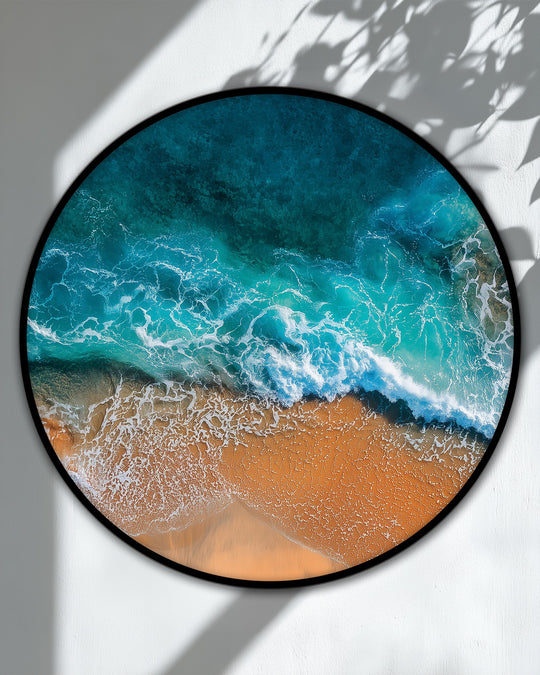 Turquoise and gold highlight the vibrant colors of this beach waves round canvas print, a high quality canvas prints artwork depicting a stunning ocean view.