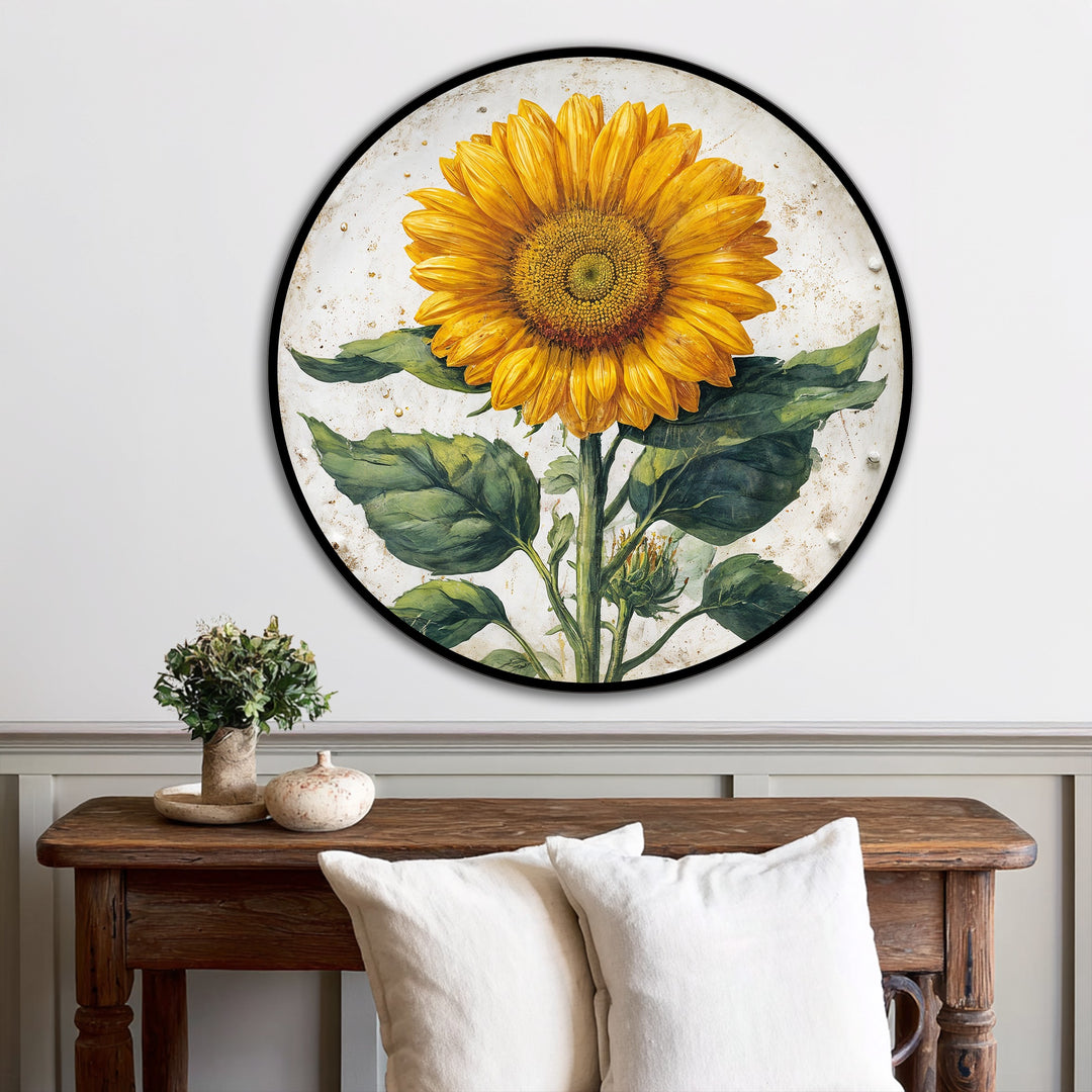 Éclat doré–Tournesol Botanique Rond Tableau Peinture à l’huile