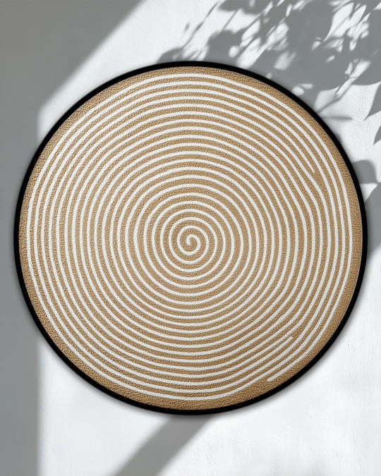 Alternating golden and white hues create a visually striking transition within the spiral pattern of this minimalist, high quality canvas prints, round canvas print.