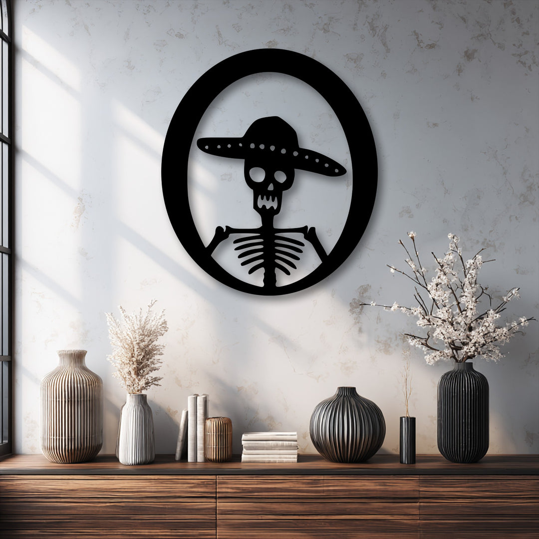 Sunlight dramatically shifts across the decorative metal art of a sombrero skeleton, casting dynamic shadows that imply a slow, turning motion.