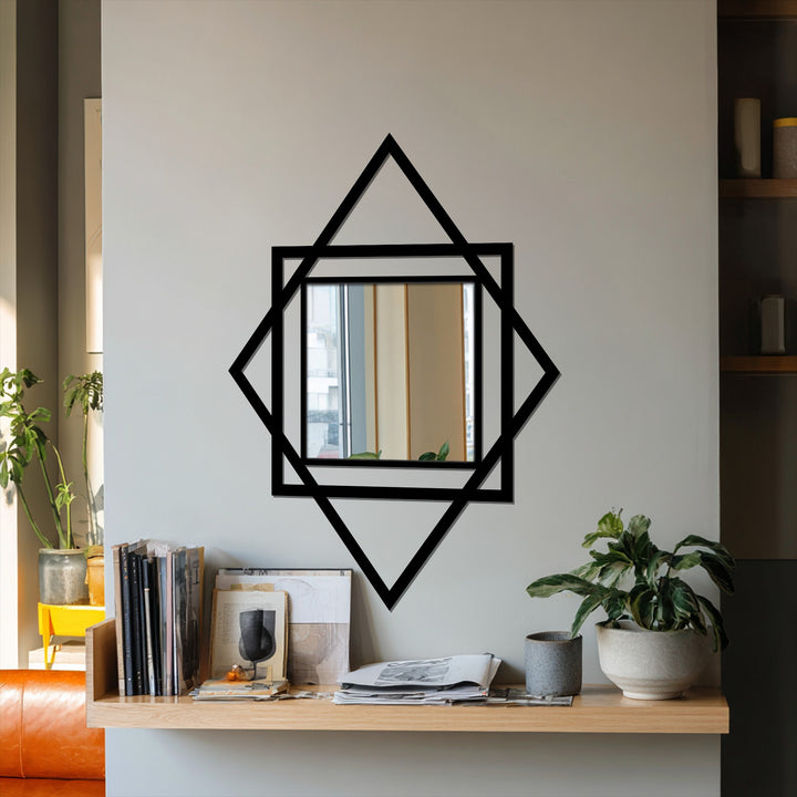 Highlighting the layering effect, this modern mirror features diamond and square geometric metal artwork adding depth to a stylish space.