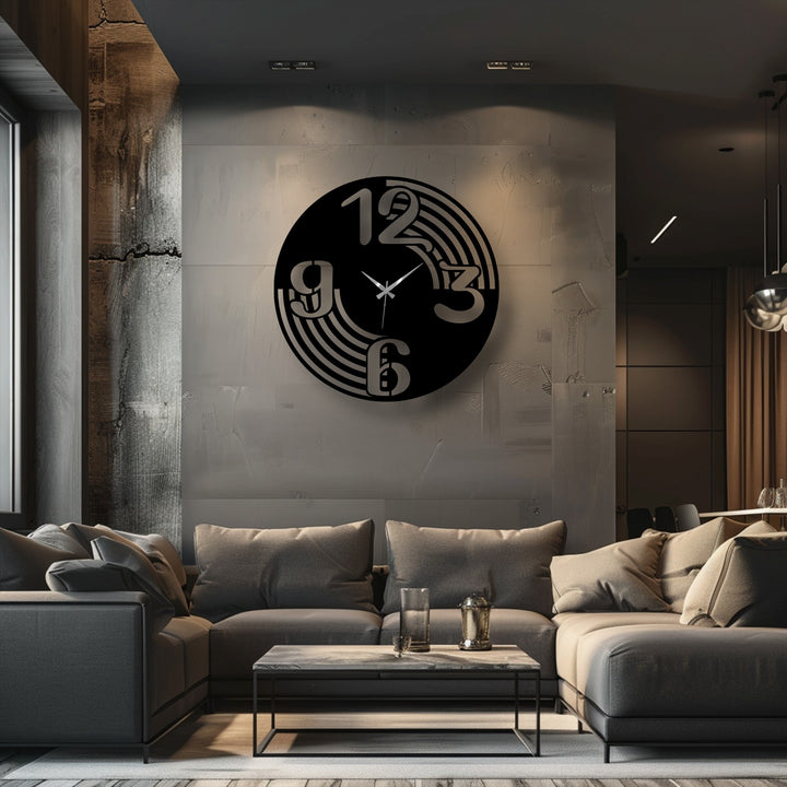 The negative space within the modern flow number metal artwork wall clock highlights its minimal curve design against a textured wall.