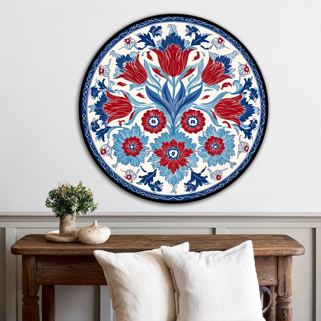 Visual rhythm repeats the vibrant red and blue floral motifs in this Ottoman-style round oil painting wall art, creating a striking and balanced decorative design.