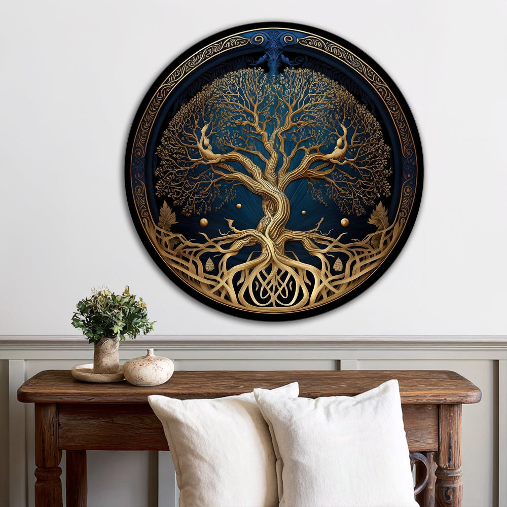 Reflecting the abstract quality, this round Tree of Life art piece offers a compelling example of oil painting decoration, showcasing intertwined golden branches against a deep blue background.