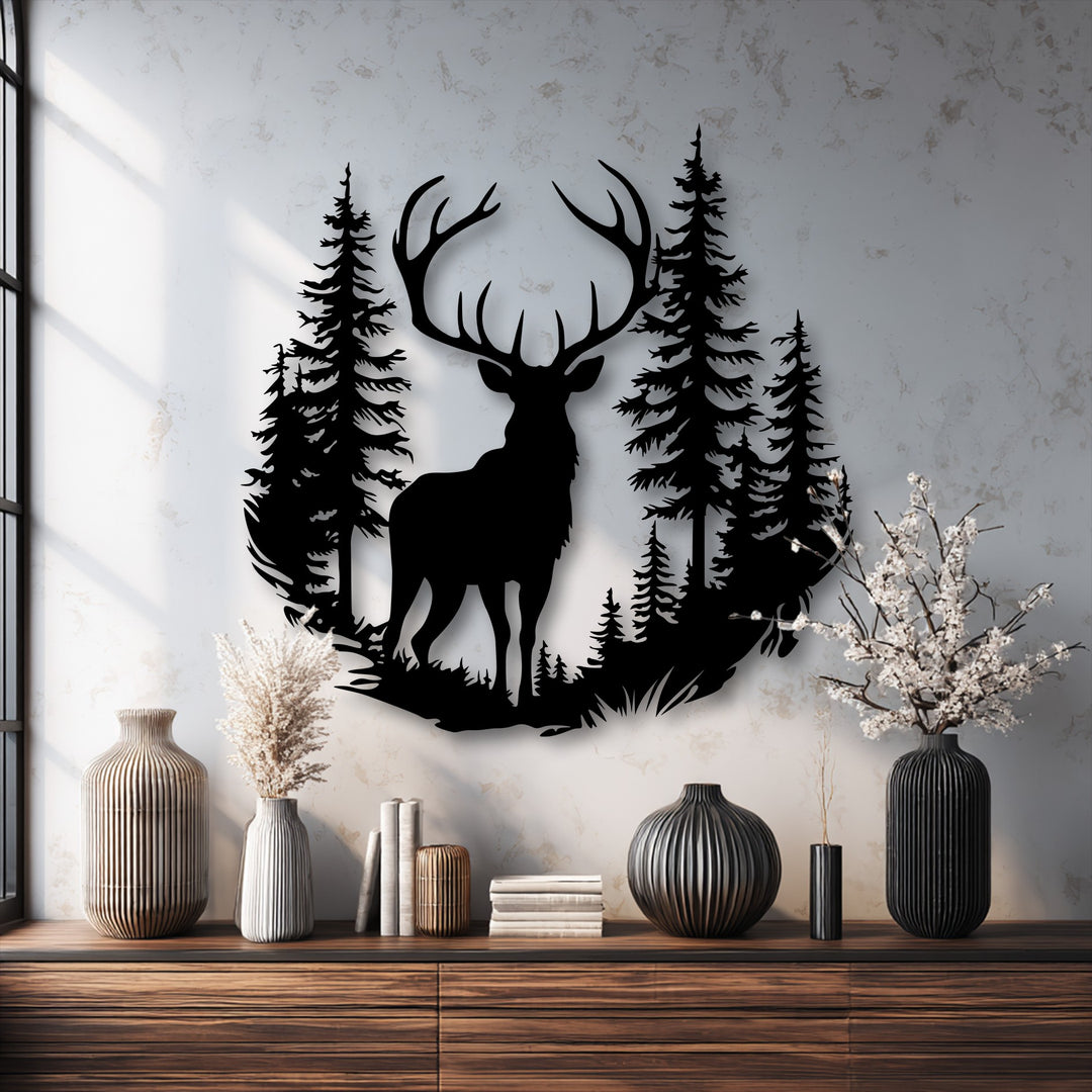 A majestic stag with prominent antlers forms the focal point of this decorative metal art, set against a dense forest silhouette.
