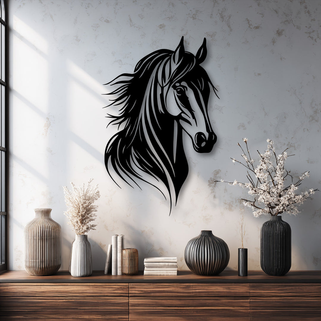 The abstract and stylized design of the black graceful horse head metal wall decor features a flowing mane, bringing elegant animal decor to a textured wall.