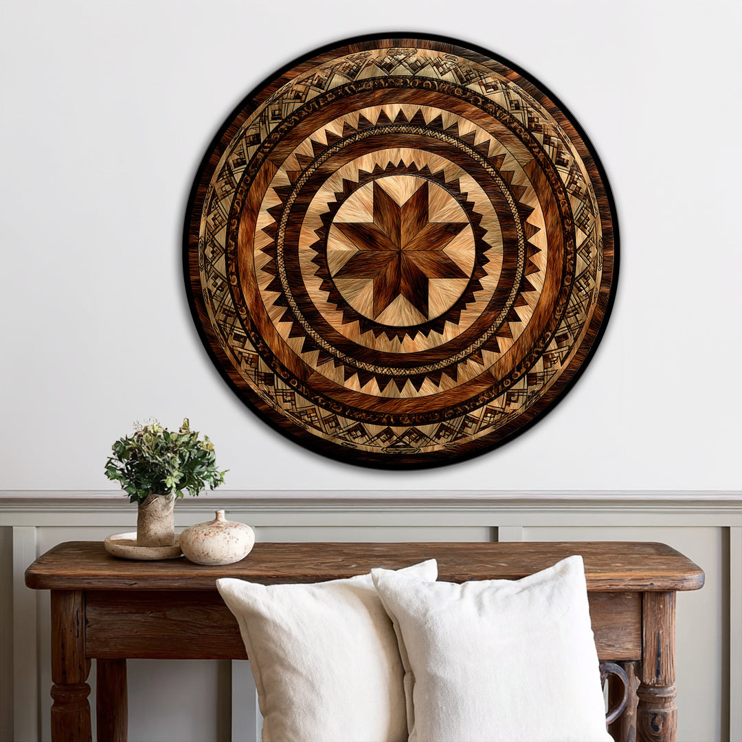 Mandala tribal Sunburst – Rústico geométrico redondo Cuadro al óleo