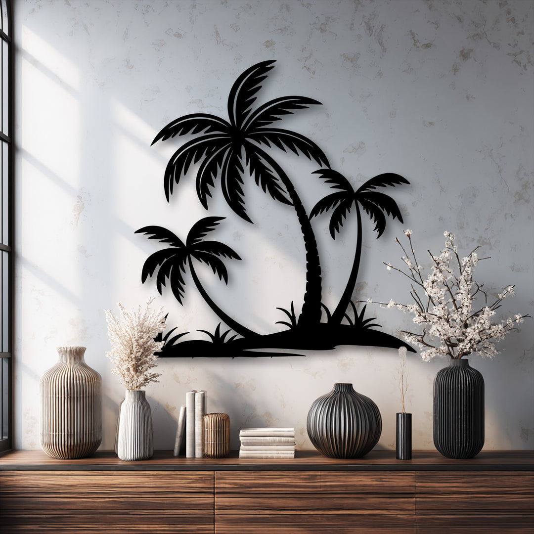 The abstract quality of this metal wall decor captures a stylized tropical palm tree silhouette against a light wall.