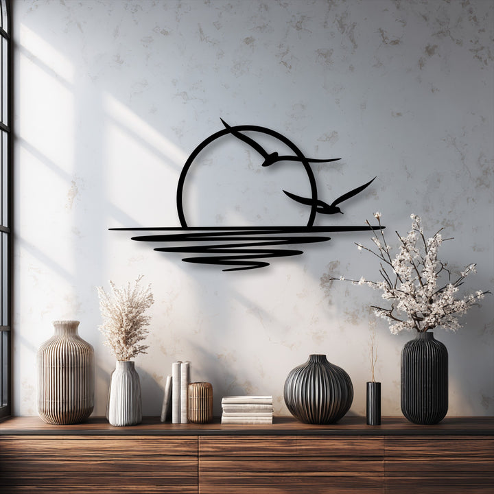 Subdued color saturation pervades the scene, highlighting a minimalist sunset seagull metal wall art as elegant decoration wall art.