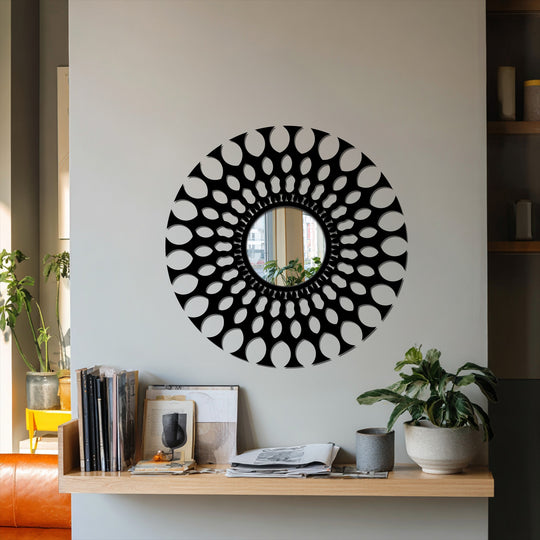 Abstract stained glass wall mirror featuring a radiant, repeating pattern design that enhances its artistic quality and modern home decor.