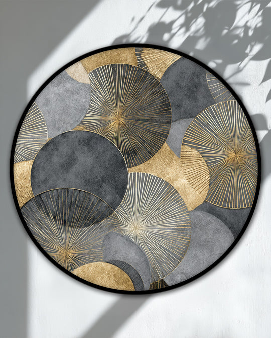 Highlighted by the brightest area, this golden geometric circles round canvas artwork radiates a modern luxury across the textured design of the canvas print.