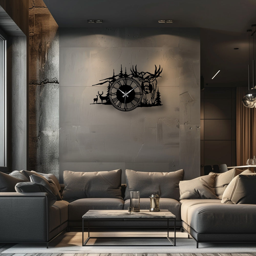 Organic forms of deer, trees, and mountains are beautifully silhouetted in this unique metal wall art, a rustic deer forest metal wall clock.