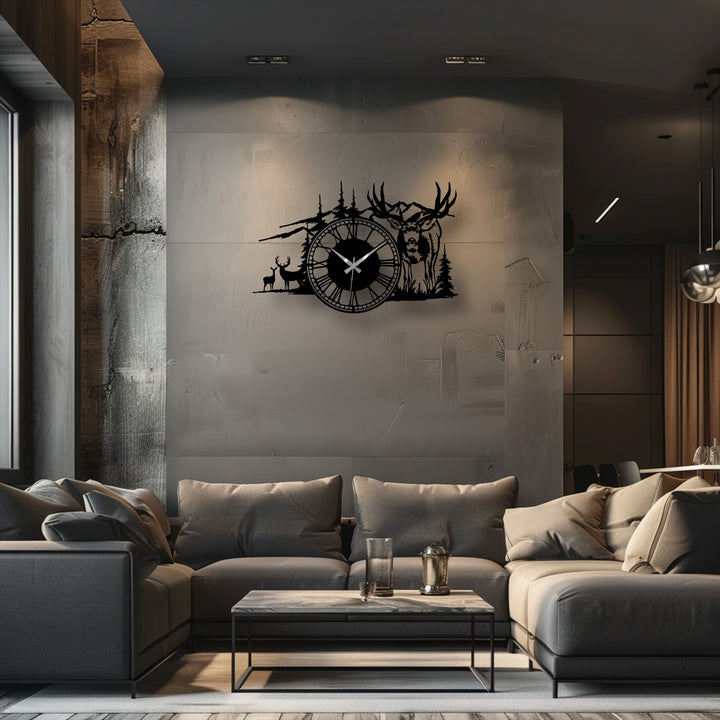 Organic forms of deer, trees, and mountains are beautifully silhouetted in this unique metal wall art, a rustic deer forest metal wall clock.