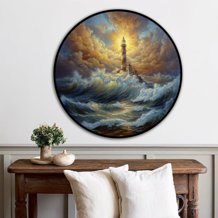 Featuring radial symmetry, the radiant lighthouse in stormy seas round oil painting reproduction print showcases circular waves against a dynamic composition of geometric cloud shapes.