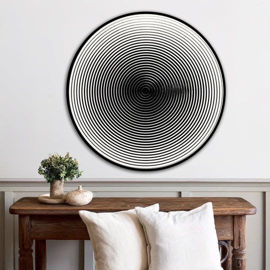 The mesmerizing focal point of this round wooden minimalist oil painting wall art showcases hypnotic black lines creating a striking contrast and visual depth.