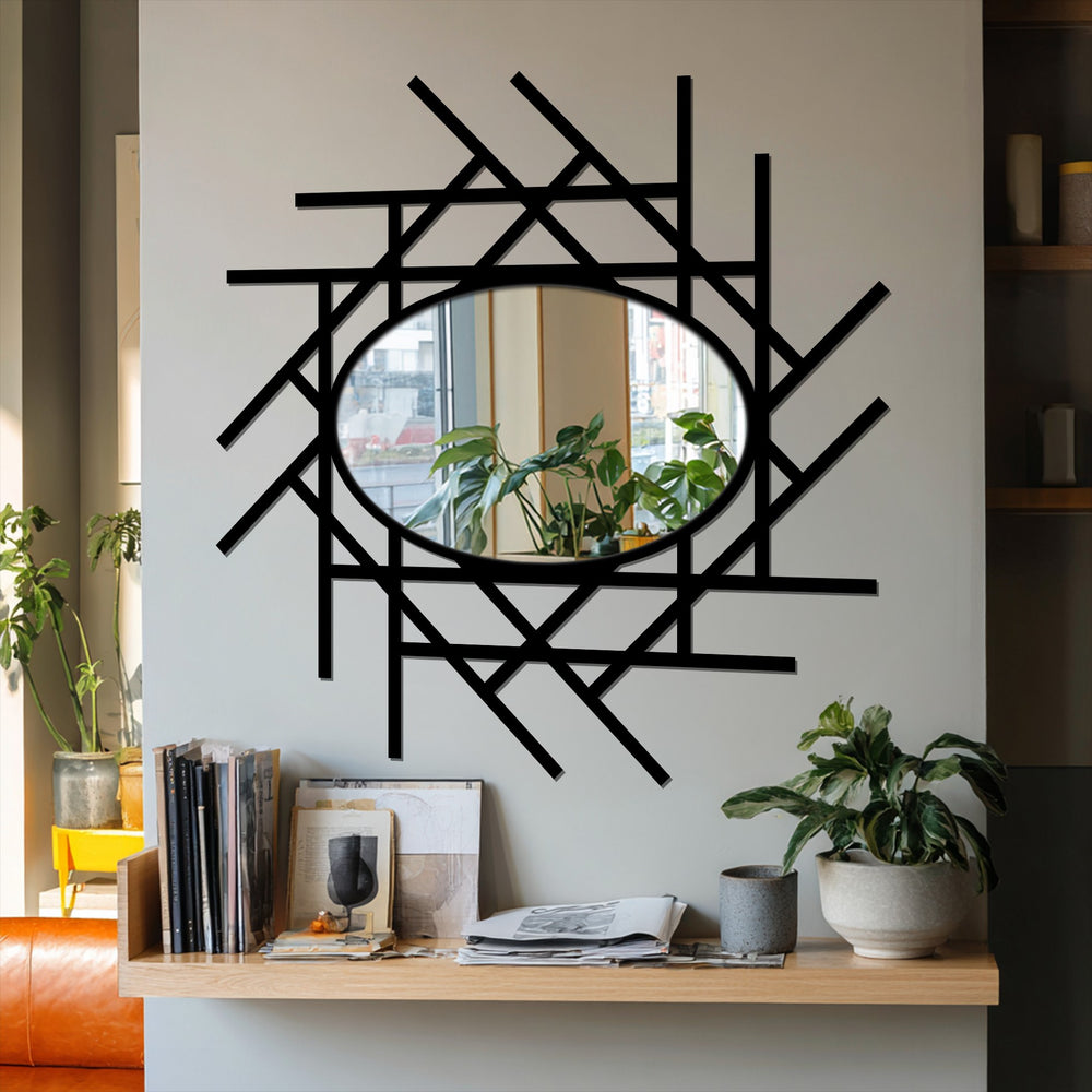 Featuring muted color saturation, this abstract linear grid oval floor mirror presents a sleek black frame, ideal for decorating with wall mirrors in a contemporary space.