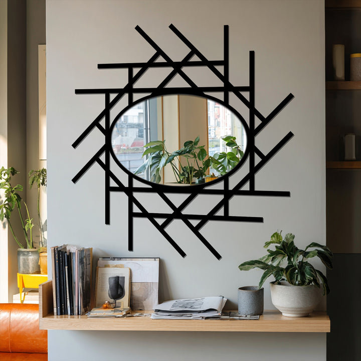 Featuring muted color saturation, this abstract linear grid oval floor mirror presents a sleek black frame, ideal for decorating with wall mirrors in a contemporary space.
