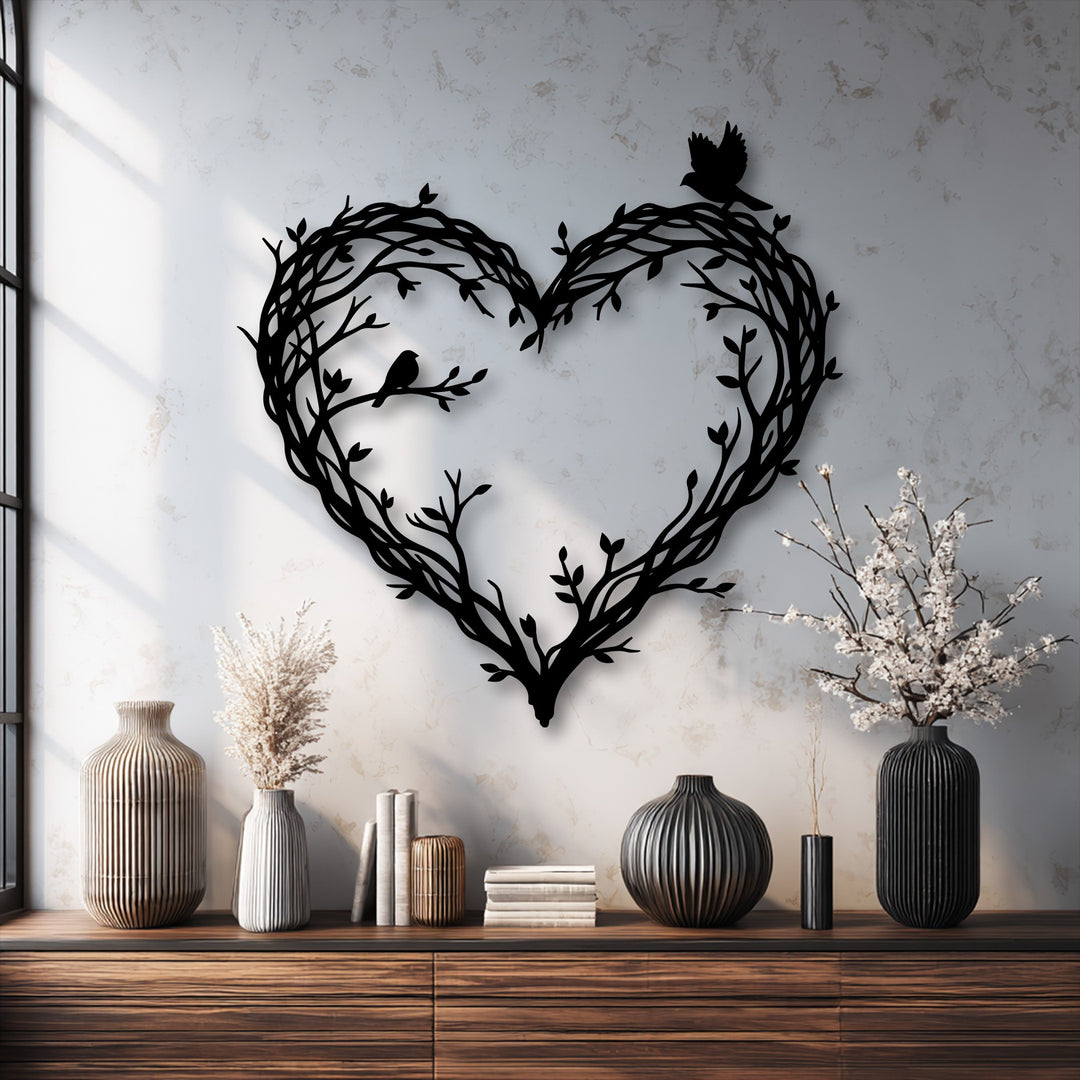 The balanced color temperature showcases a captivating heart bird branch decoration wall art, enhanced by warm natural light and cool wall tones.