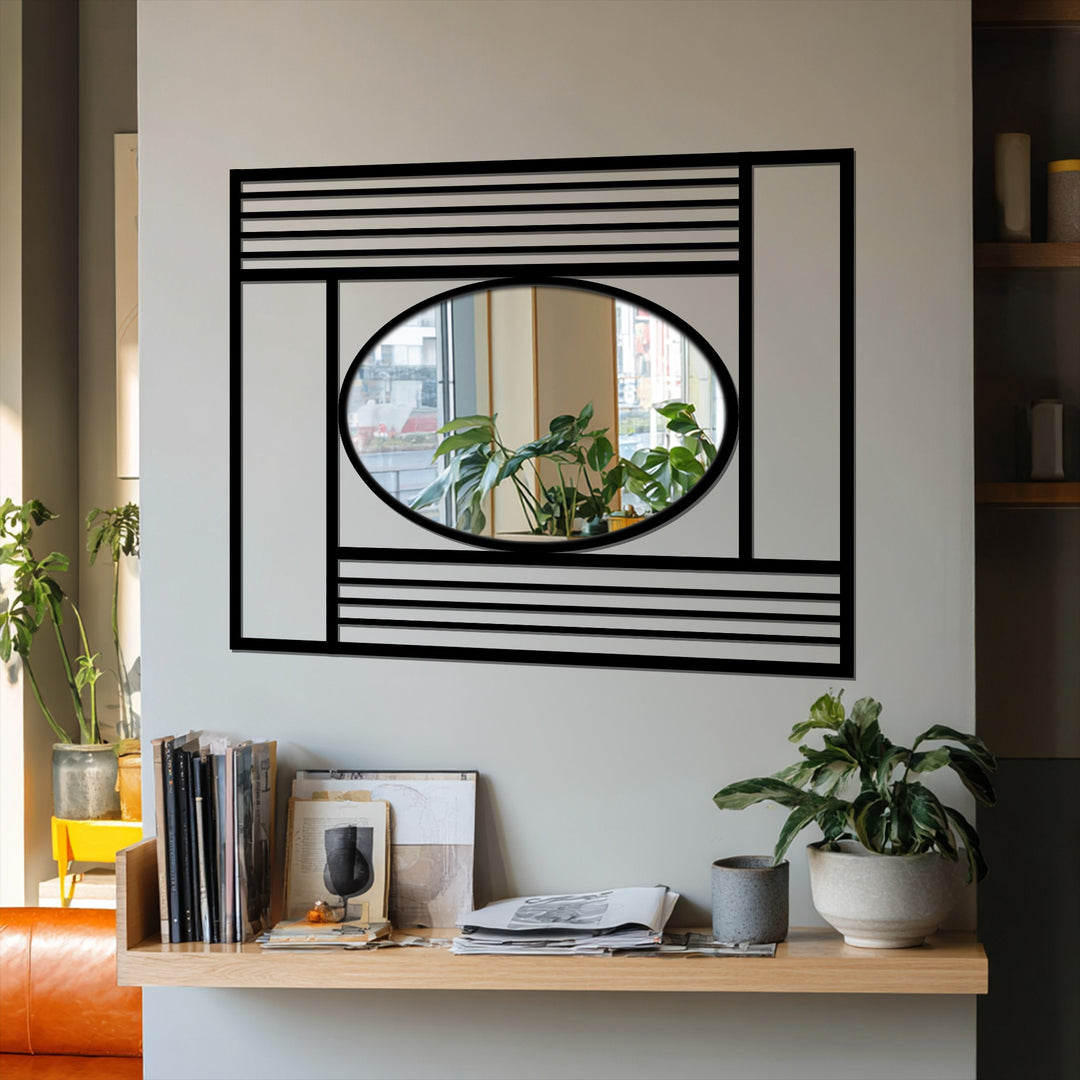 The oval mirror reflects the organic forms of a plant, contrasting with the geometric grid frame, which adds a modern touch to the wall's modern wall mirrors.