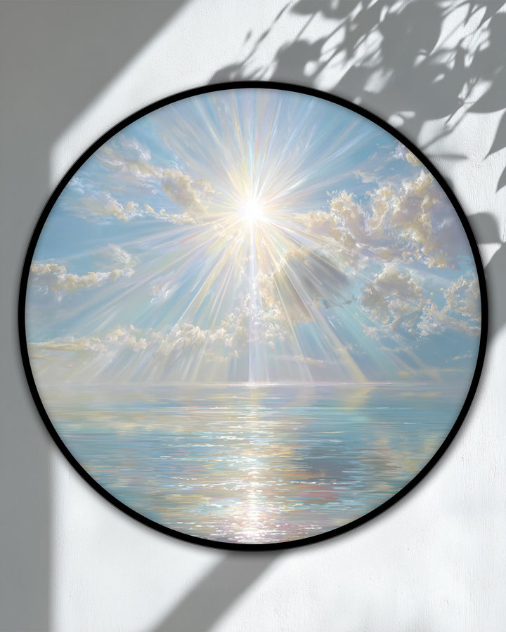 The stillness of the scene captures luminous ocean canvas pictures as sun rays descend on tranquil waters, framed by a circular canvas print.