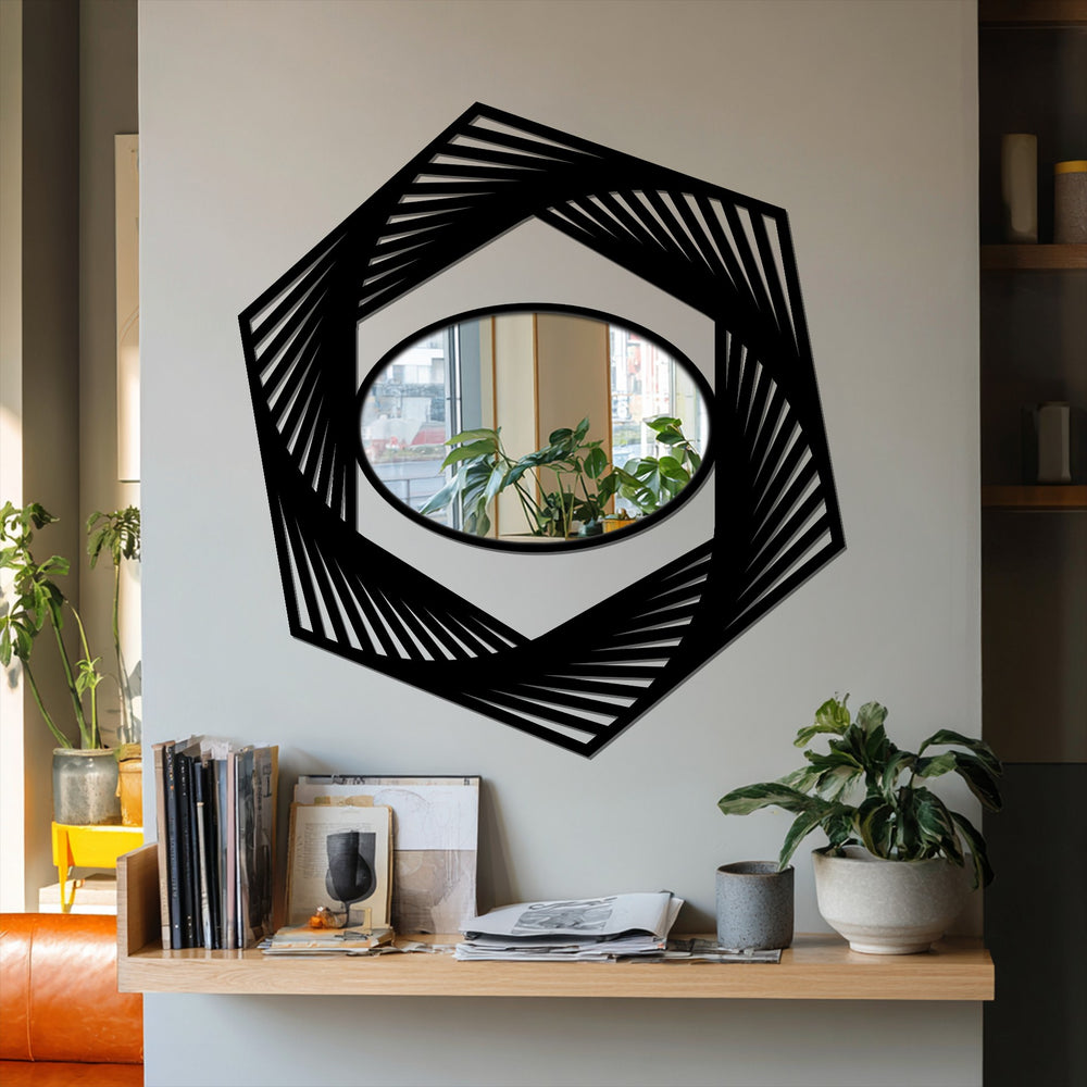 Geometric metal art for wall features a dynamic hexagon illusion mirror with an oval center, adding a decorative touch.