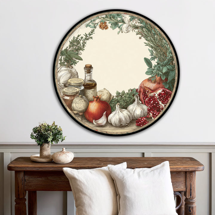 Creamy beige dominates this rustic kitchen harvest Mediterranean still life round oil painting, a beautiful example of modern oil painting art.