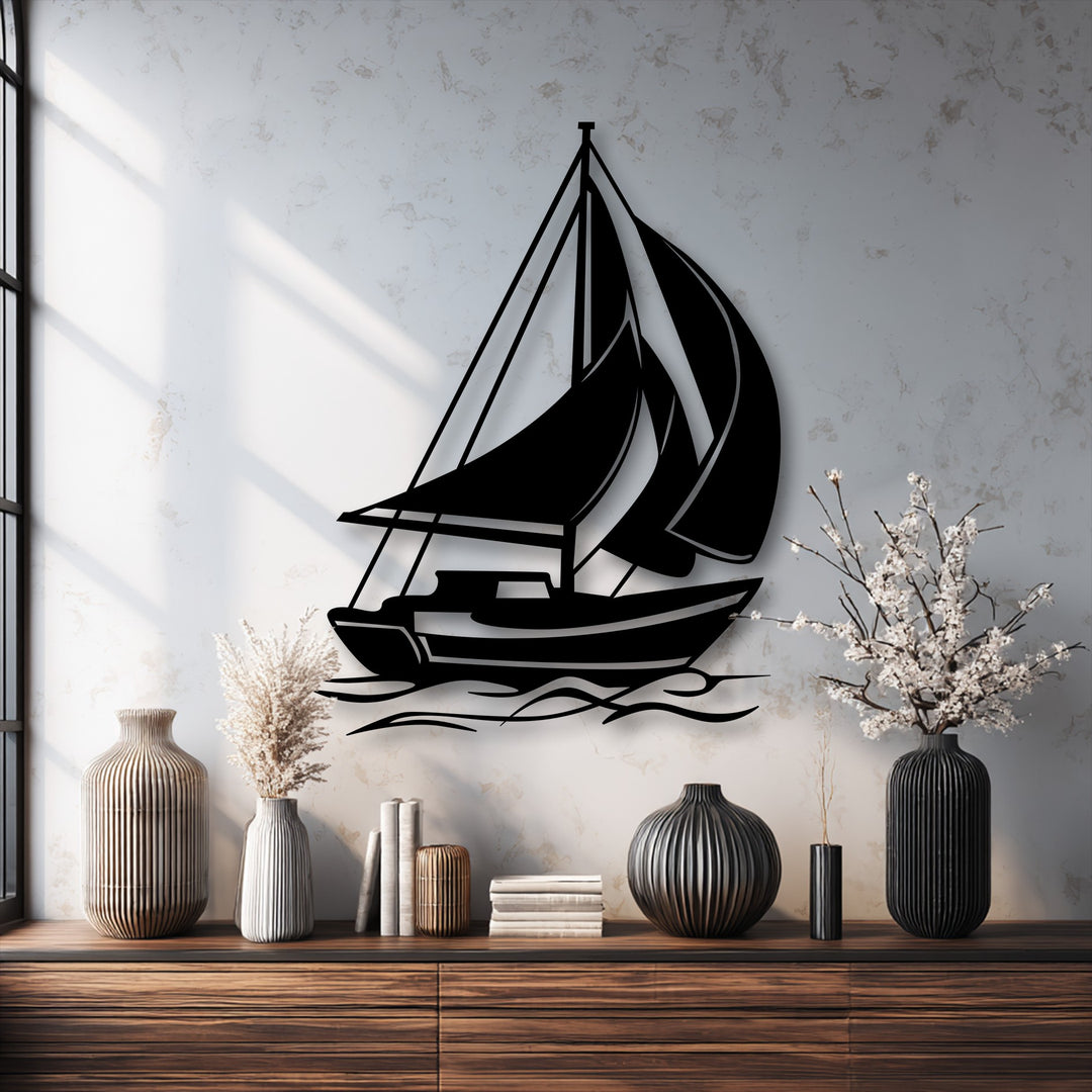 Low color saturation defines this image, drawing focus to the prominent black sailing boat metal decoration wall art, a captivating nautical accent.