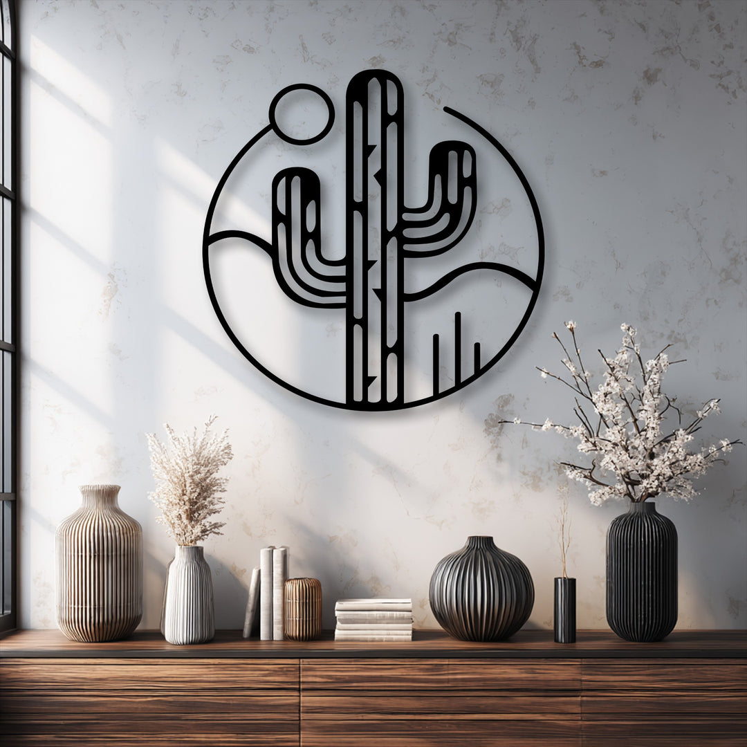 A sun-drenched white wall highlights a striking desert cactus decorative metal art, crafted with a modern minimalist southwest design.