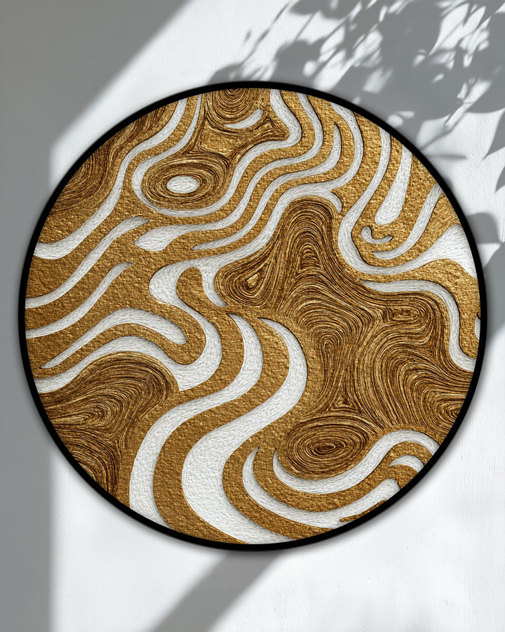 The stillness of the golden organic flow round canvas art is captured in this textured abstract canvas art print, offering a moment of peace.
