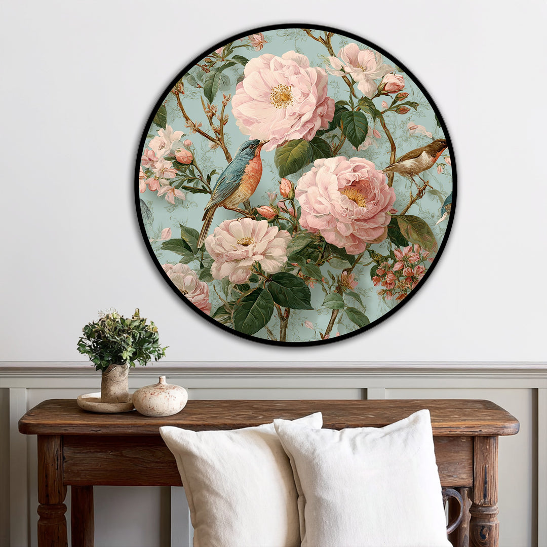 Dreamy blossoming garden round oil painting reproduction print featuring delicate songbirds evokes a romantic and vintage mood.