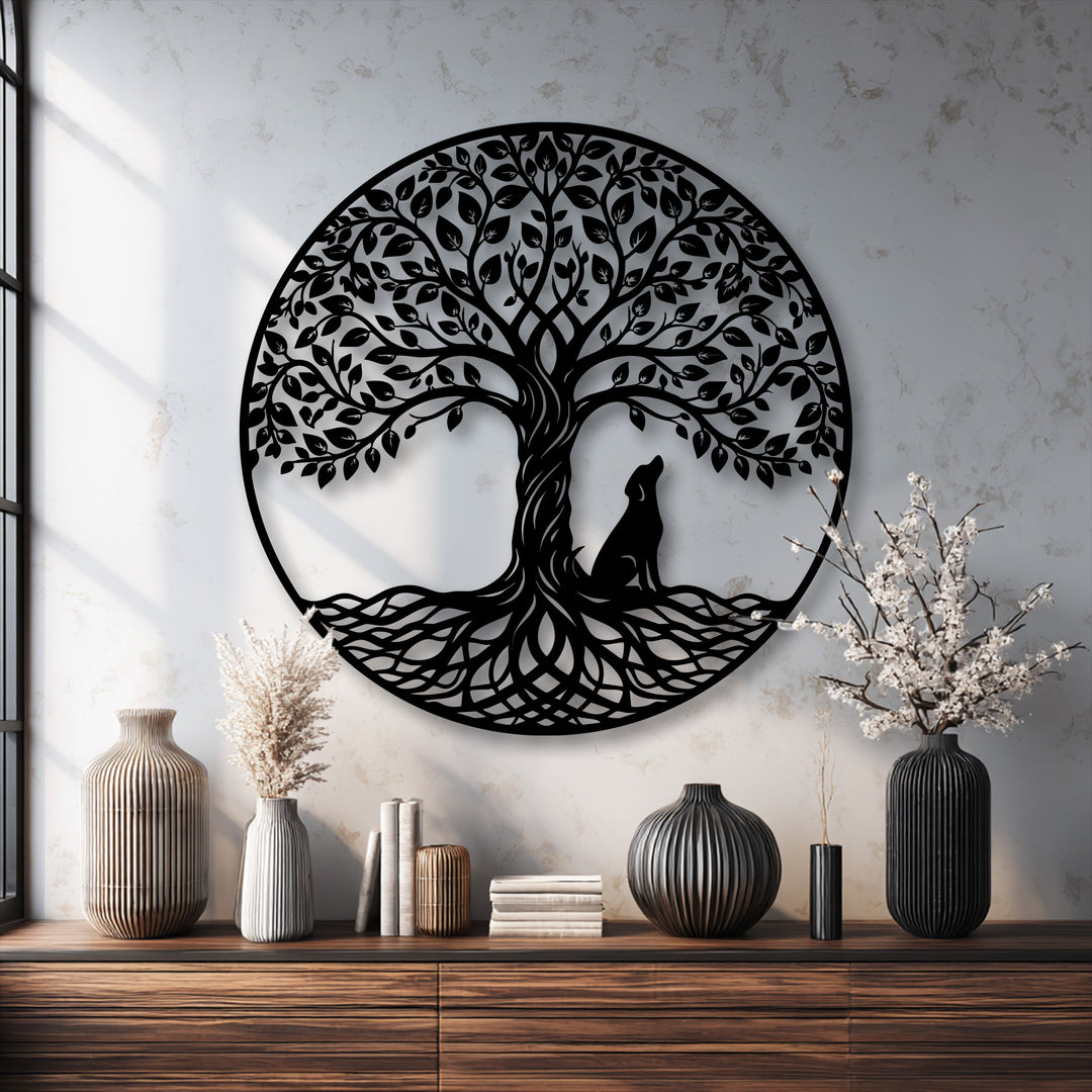 The matte black finish of this unique metal wall art highlights the intricate laser-cut Tree of Life and wolf silhouette design.