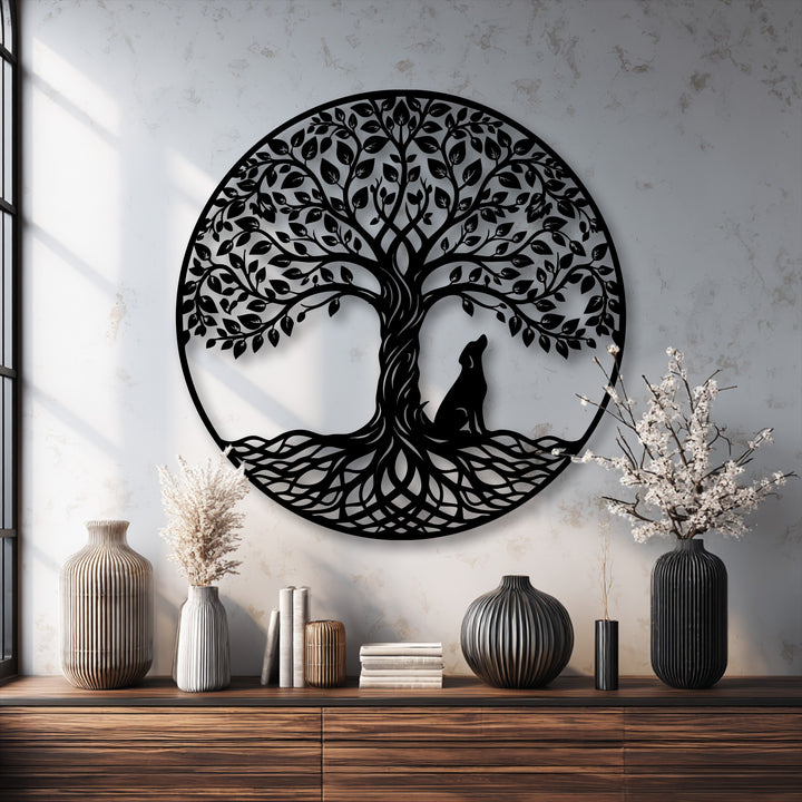 The matte black finish of this unique metal wall art highlights the intricate laser-cut Tree of Life and wolf silhouette design.